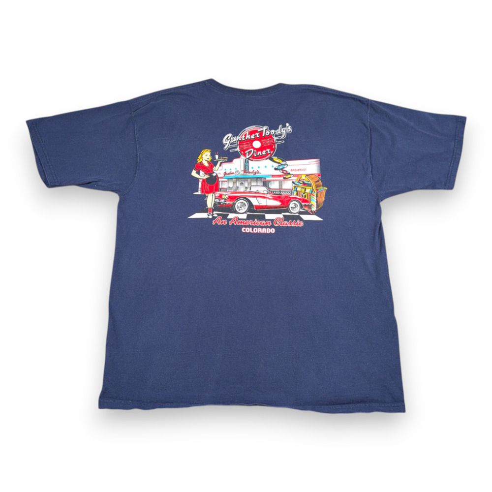 Vintage Gunther Toodys Diner Shirt Adult EXTRA LARGE Blue 1950s Colorado USA 90s